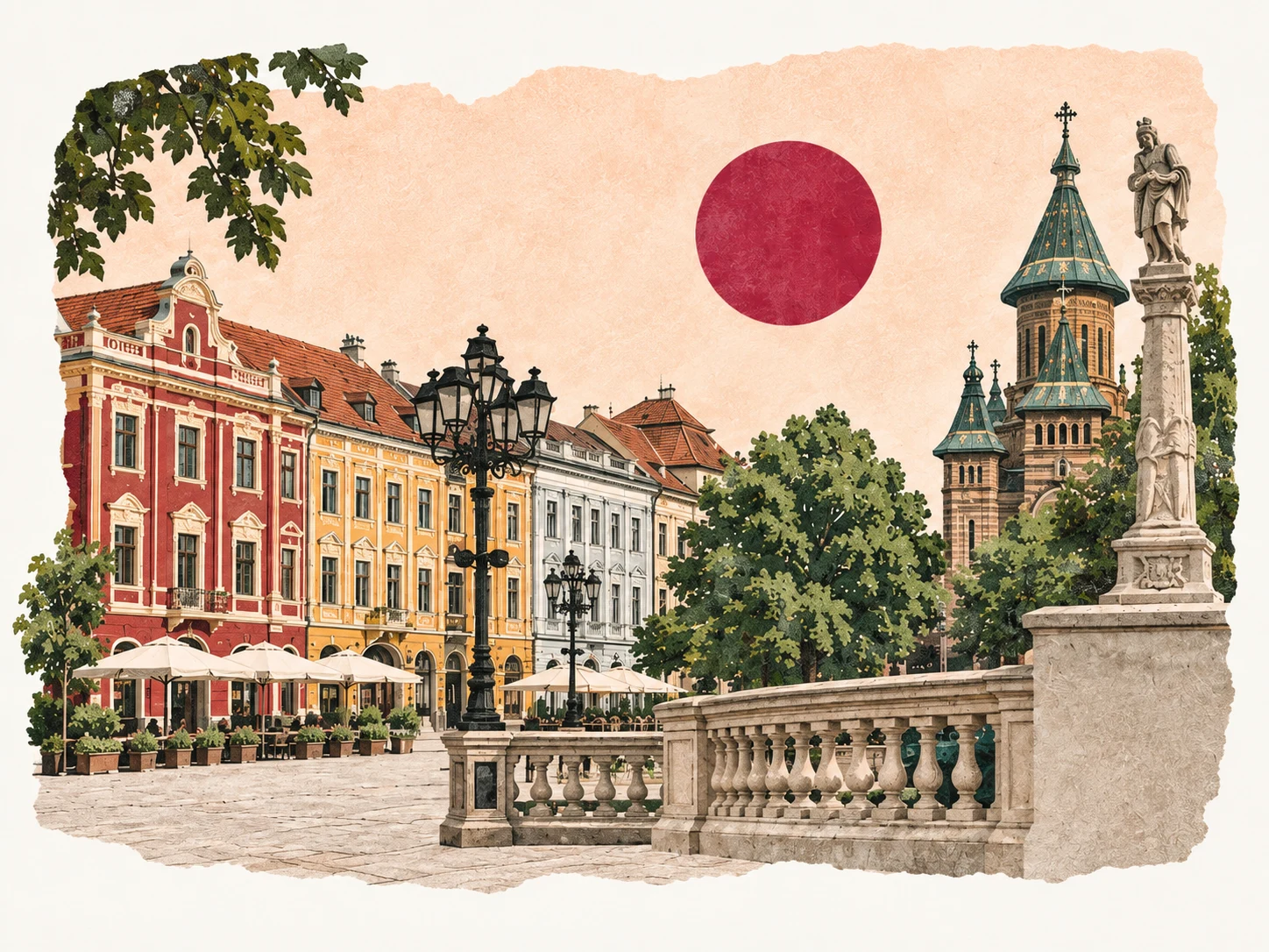 Ilustrație artistică inspirată de clădirile istorice și spațiile verzi ale Timișoarei